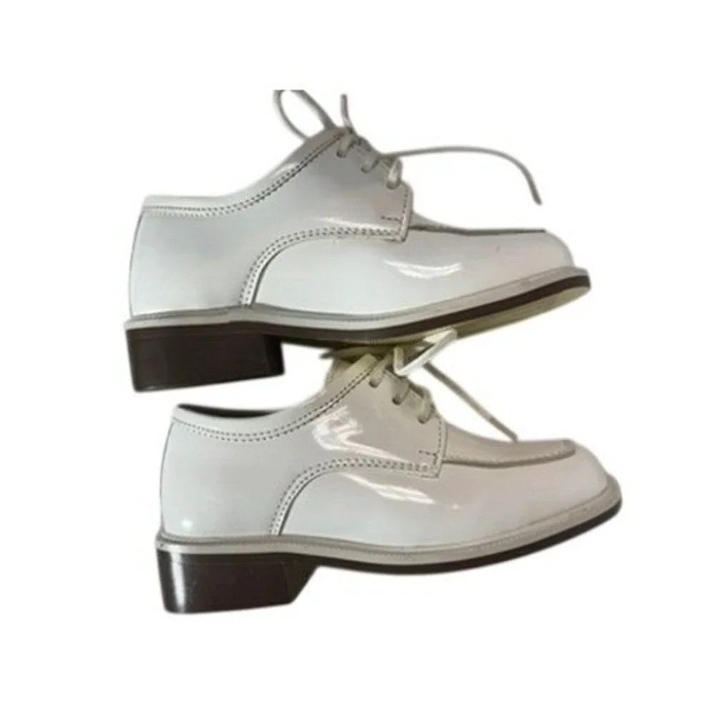 Kids White Patent Leather Oxfords Lace Up Formal Dress‎ Shoes Block Heel White